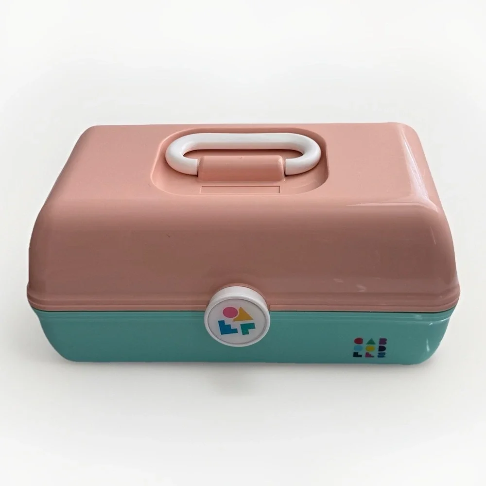 Vtg Caboodles 3 Tier Makeup Travel Case w/Vanity Mirror Peach & Mint Green USA